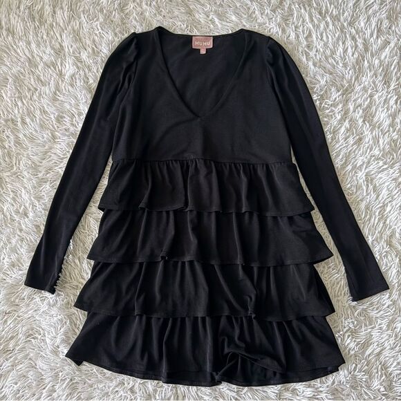 Show Me Your Mumu Top Tier Black Long Sleeve Ruffle Tier Mini Dress Size XS - Picture 4 of 6